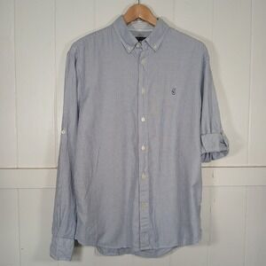 John Varvatos Peace Logo Button Down Shirt Mens M Blue Striped Roll Tab Sleeve